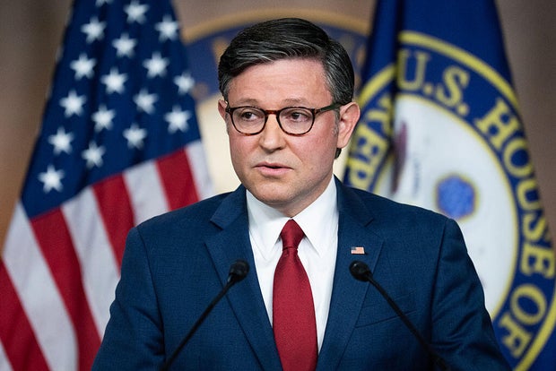 House Speaker Mike Johnson briefs the media at the Capitol Visitor Center on Nov. 10, 2025. 