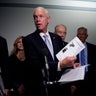 Sen. Ron Johnson of Wisconsin holds up documents while speaking to reporters on Capitol Hill in Washington, D.C., on Oct. 6, 2025, alongside Sens. Bill Hagerty and Marsha Blackburn of Tennessee, Sen. Chuck Grassley of Iowa, Sen. Tommy Tuberville of Alabama, and Sen. Cynthia Lummis of Wyoming. 