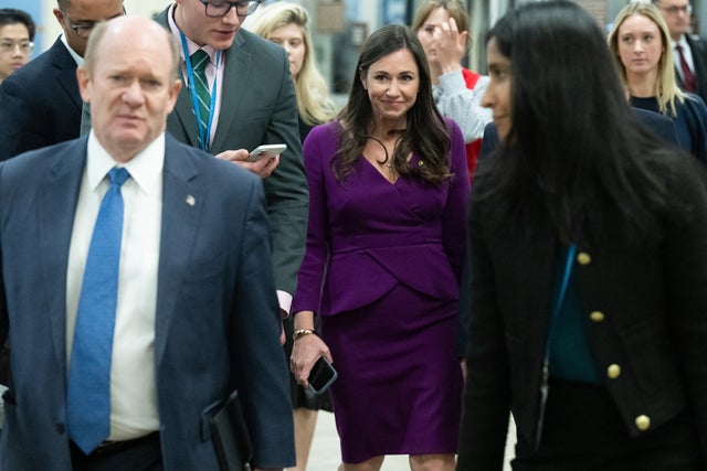 Sen. Katie Britt, Republican of Alabama, arrives for Senate votes to reopen the government on day 41 of the government shutdown at the U.S. Capitol in Washington, DC, on Nov. 10, 2025. 