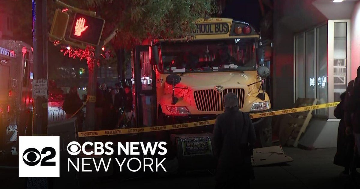 School bus jumps curb, strikes fruit stand in Brooklyn - CBS New York