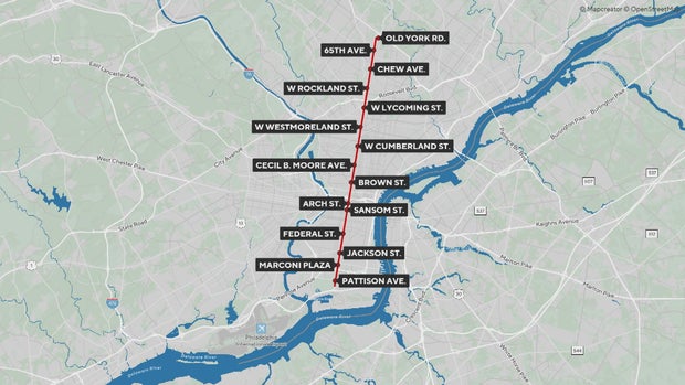 A map showing the locations of the cameras on Broad Street in Philadephia 