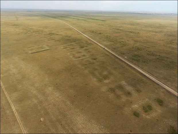 Aerial drone view of Semiyarka archaeological site showing excavated structures