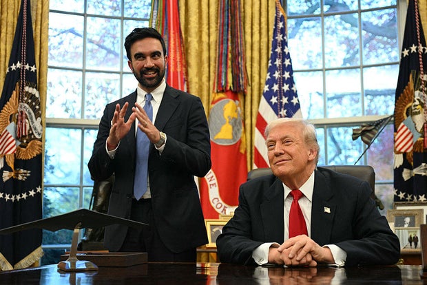 President Trump meets with New York Mayor-elect Zohran Mamdani in the Oval Office at the White House in Washington, D.C., on Nov. 21, 2025. 