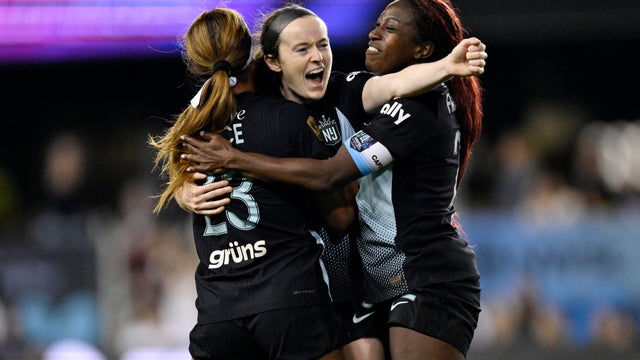 Rose Lavelle #16 of NJ/NY Gotham FC celebrates with teammates Midge Purce #23 and Mandy Freeman #22 as they become champions after winning during the NWSL Championship 2025 final between Washington Spirit and NJ/NY Gotham FC at PayPal Park on November 22, 2025 in San Jose, California. 
