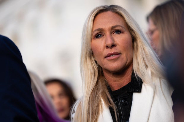 Rep. Marjorie Taylor Greene, a Georgia Republican, attends a press conference outside the U.S. Capitol, on Tuesday, Nov. 18, 2025.