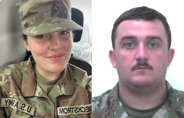 Photos of National Guard members Army Spc. Sarah Beckstrom and Air Force Staff Sgt. Andrew Wolfe. 
