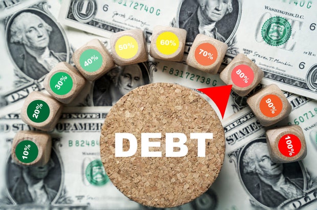 Debt indicator level rating on USD dollar banknote for business burden financial debt or borrow mortgage failure crisis concept. 