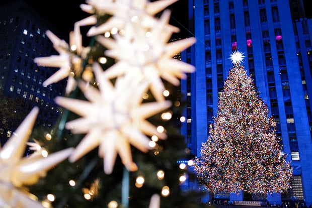 The Christmas tree stands illuminated moments after being lit during the Rockefeller Center Christmas Tree Lighting in New York City on December 3, 2025. 