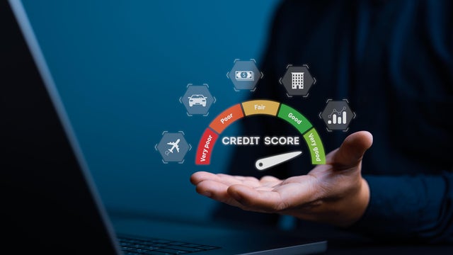 Business people evaluate customer finance statistical data with credit score icons. Credit behavior and reports. Online credit ranking check for a personal loan, mortgage, auto loan, or payment card. 