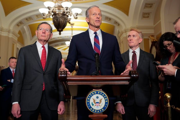Senate Majority Leader John Thune speaks to reporters following a Senate Republican policy luncheon at the U.S. Capitol on Dec. 9, 2025, in Washington, D.C.