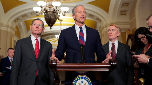 Senate Majority Leader John Thune speaks to reporters following a Senate Republican policy luncheon at the U.S. Capitol on Dec. 9, 2025 in Washington, D.C. 