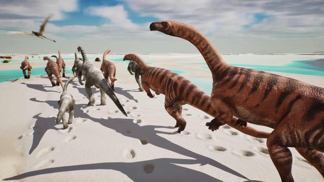 Paleoartistic reconstruction of what the environment might have looked like approximately 210 million years ago, as preserved in the rocks of the Fraele Valley (Stelvio National Park). Along the shore of the Tethys Ocean, a herd of prosauropod dinosaurs w 