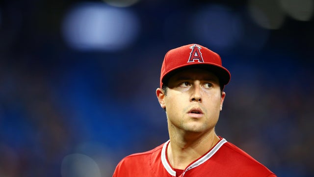 The Los Angeles Angels' Mike Trout stands on the field before a baseball game against the Houston Astros, Sept. 27, 2025, in Anaheim, California. 