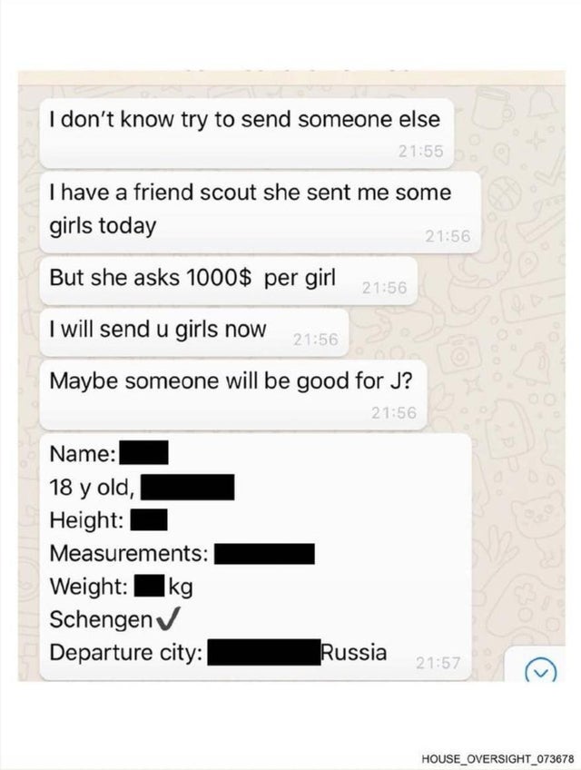 A screenshot of text messages from an unknown sender that the Jeffrey Epstein estate provided to Congress.