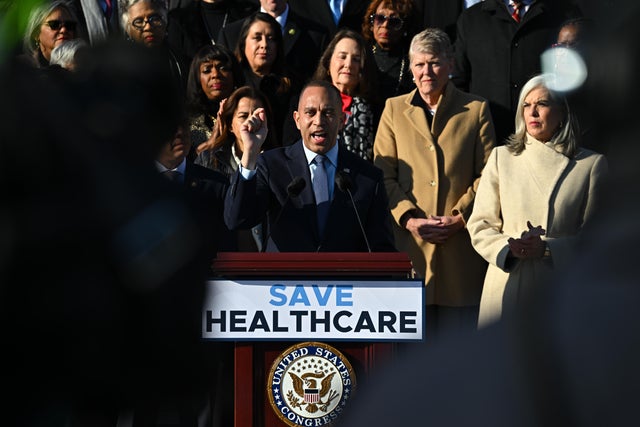 House Minority Leader Hakeem Jeffries, a Democrat from New York, speaks during a news conference with Democratic lawmakers outside the U.S. Capitol in Washington, D.C., on Dec. 18, 2025.