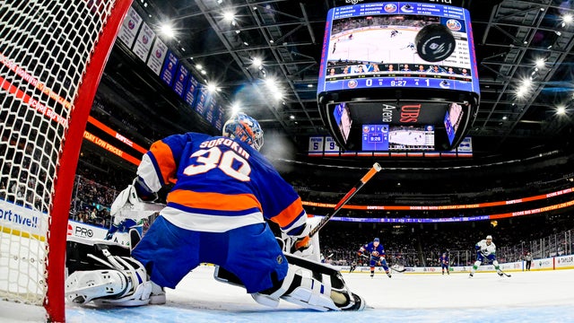 Ilya Sorokin #30 of the New York Islanders allows a goal to Kiefer Sherwood (not pictured) of the Vancouver Canucks during the first period at UBS Arena on December 19, 2025 in Elmont, New York. 