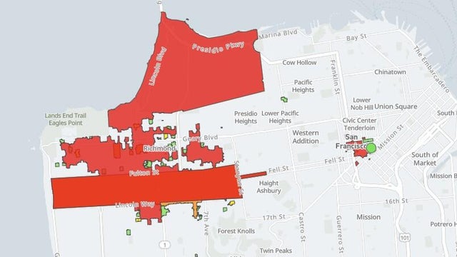 A neighborhood map of San Francisco showing power outages 