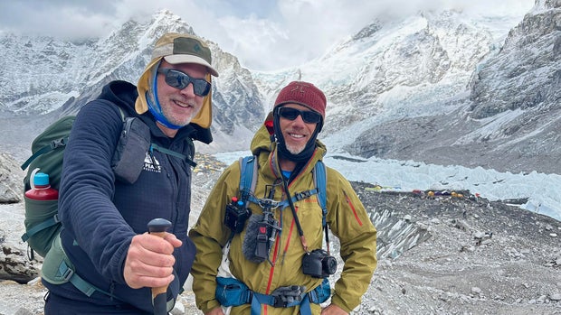 Sound recordists Matthew Magratten (left) and Drew Levinson (right) at Everest Base Camp. 