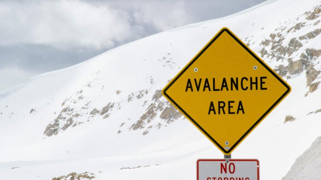 "Avalanche Area" Caution Road Sign in the Rocky Mountains of Colorado under an Overcast Sky in Winter 