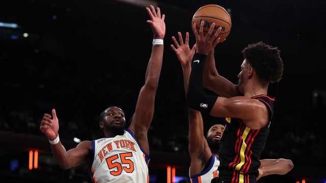 Jalen Johnson #1 of the Atlanta Hawks shoots the ball against Ariel Hukporti #55 of the New York Knicks during the fourth quarter at Madison Square Garden on January 02, 2026 in New York City. 