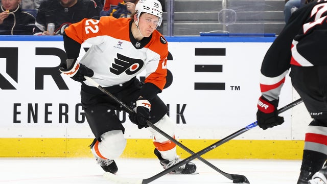 Philadelphia Flyers center Christian Dvorak (22) controls the puck during the second period of an NHL hockey game against the Buffalo Sabres 
