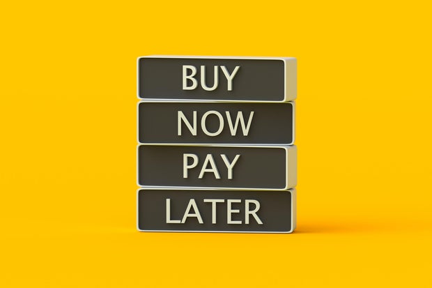 Buy now pay later words on blocks. Installment plan. Marketing idea. Best offer for buyers. Credit concept. Financial strategy. 3d render 