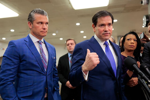 Secretary of Defense Pete Hegseth and Secretary of State Marco Rubio speak to the media at the U.S. Capitol in Washington, D.C., on Jan. 7, 2026, after a closed-door briefing with senators. 