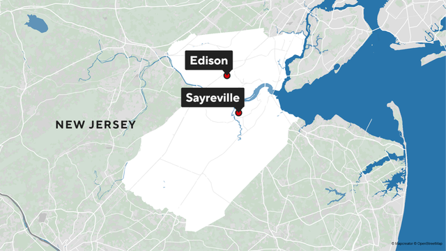 Map showing Edison and Sayreville in Middlesex County, New Jersey 