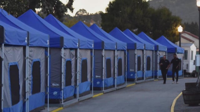 A row of temporary cabins that are part of planned homeless shelter 