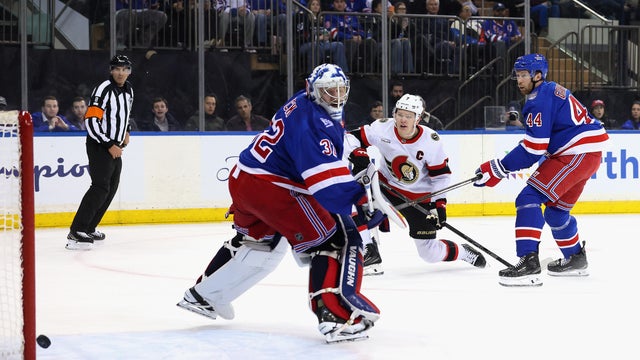 Brady Tkachuk #7 of the Ottawa Senators scores a first period goal against Jonathan Quick #32 of the New York Rangers at Madison Square Garden on January 14, 2026 in New York City. 