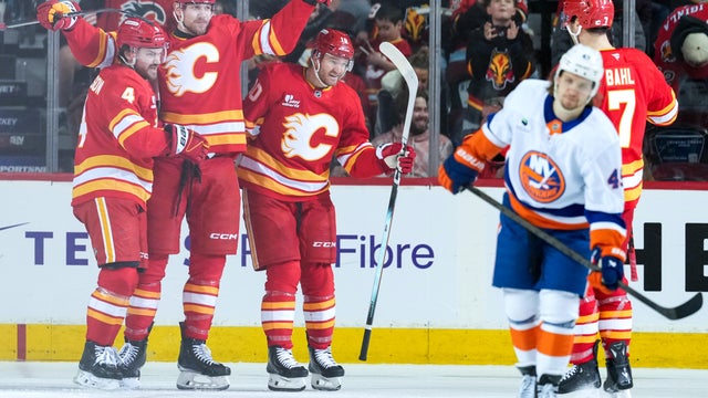 Adam Klapka #43 of the Calgary Flames celebrates his second period goal against the New York Islanders at the Scotiabank Saddledome on January 17, 2026 in Calgary, Canada. 