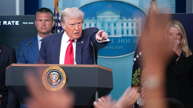 President Trump speaks at a press conference with Defense Secretary Pete Hegseth and Attorney General Pam Bondi in Washington, D.C., on Aug. 11, 2025. 