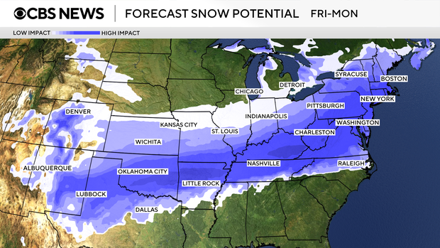 A map shows where there's potential for snow during a winter storm that's expected to start Jan. 23, 2026. 