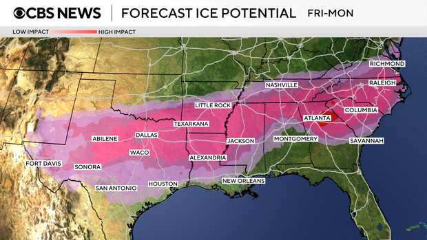 A map shows what areas are forecast to see ice during a winter storm that's expected to start Jan. 23, 2026. 