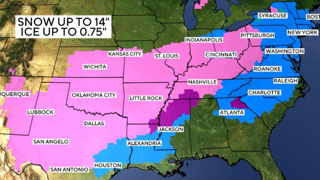 A map shows where a winter storm was forecast to cause snow and ice starting Jan. 24, 2026. 