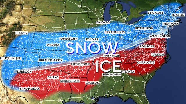 A map shows where a winter storm was forecast to cause snow and ice starting Jan. 24, 2026. 