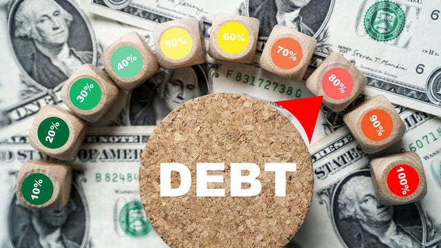 Debt indicator level rating on USD dollar banknote for business burden financial debt or borrow mortgage failure crisis concept. 