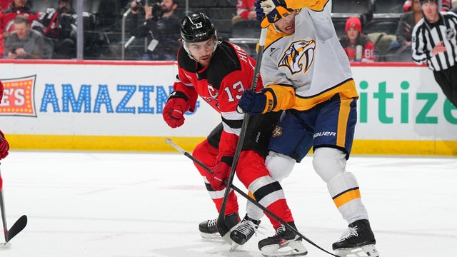 Nico Hischier #13 of the New Jersey Devils skates during the first period the game against the Nashville Predators on January 29, 2026 at the Prudential Center in Newark, New Jersey. 
