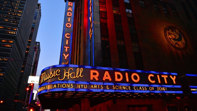 20.05.2016.  New York USA, urban classic building, colors and neon lights of Radio City Music Hall in Manhattan 