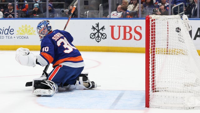 Roman Josi #59 of the Nashville Predators (not pictured) scores a goal on Ilya Sorokin #30 of the New York Islanders during the third period of a NHL game at UBS Arena on January 31, 2026 in Elmont, New York. 