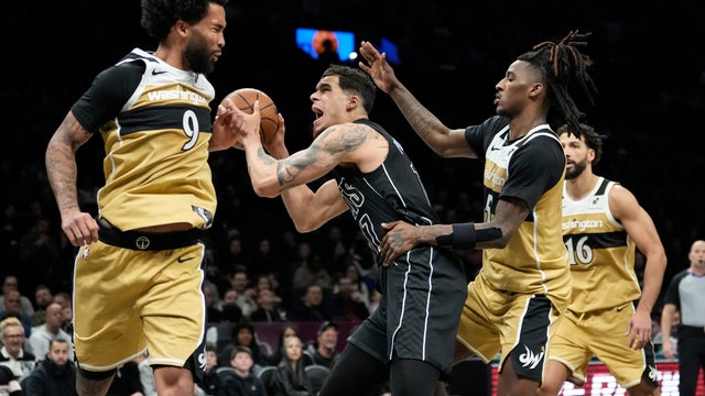 Brooklyn Nets forward Michael Porter Jr. (17) reacts as he attempts to shoot during the first half of an NBA basketball game against the Washington Wizards, Saturday, Feb. 7, 2026, in New York. 