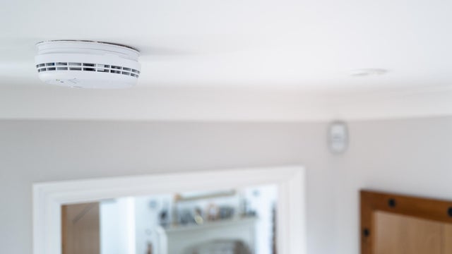 Shallow focus of a hard wired smoke detector seen in the downstairs hall, fixed to the ceiling. 