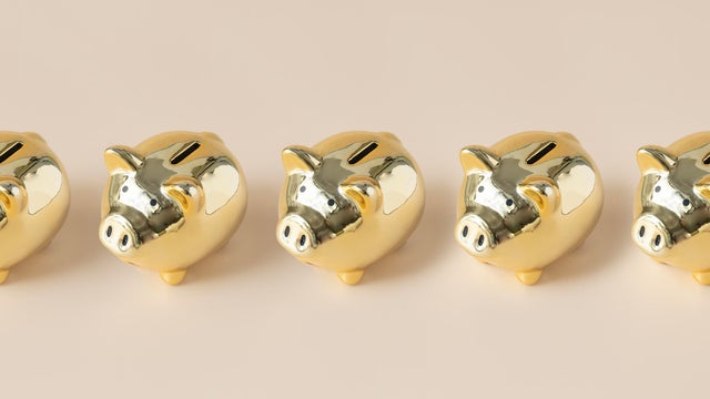 A row of golden piggybank. 