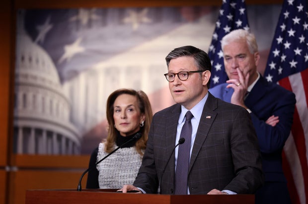 Speaker of the House Mike Johnson, joined by House Republican Conference Chair Rep. Lisa McClain and House Majority Whip Tom Emmer, speaks at a press conference at the U.S. Capitol on Feb. 10, 2026. 