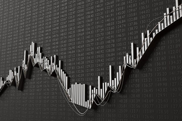 Silver line graph, bar chart and analytical trend lines on black background having stock quotes. Illustration of the concept of investment 