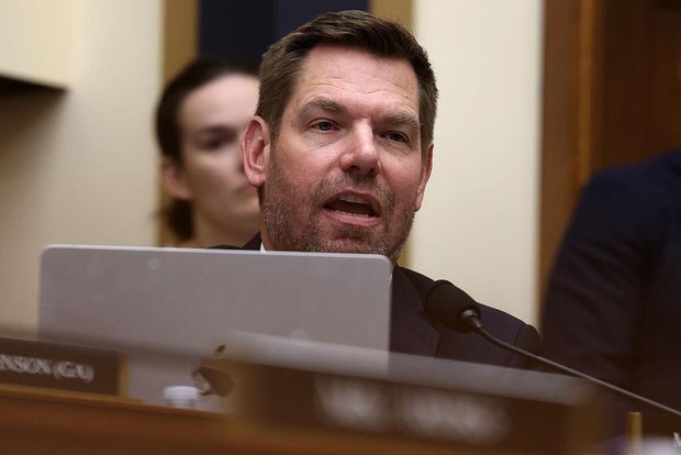 Rep. Eric Swalwell of California questions Attorney General Pam Bondi during a House Judiciary Committee hearing in the Rayburn House Office Building in Washington, D.C., on Feb. 11, 2026.