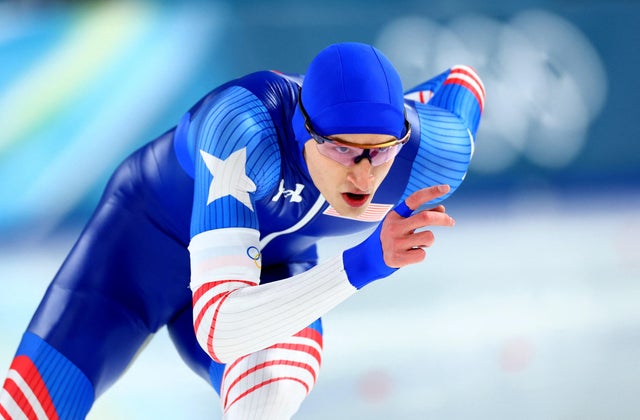 Jordan Stolz of Team USA competes in the men's 1,500-meter finals at the Winter Olympics in Milan, Italy, Feb. 19, 2026. 