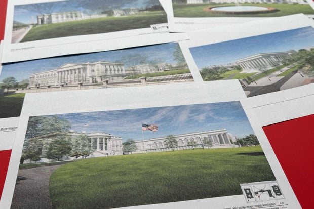 Artist renderings and diagrams of the new White House East Wing and ballroom, photographed on Tuesday, Feb. 17, 2026.