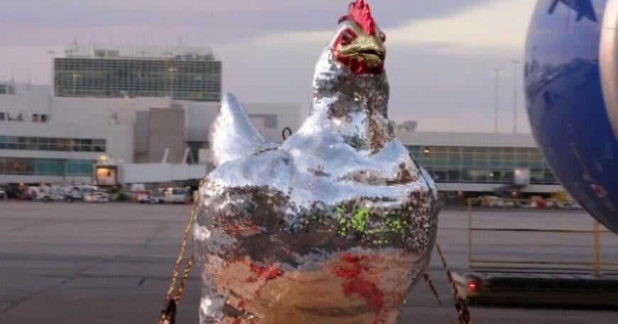 Colorado artist's mirror-covered chicken statue flies to Houston