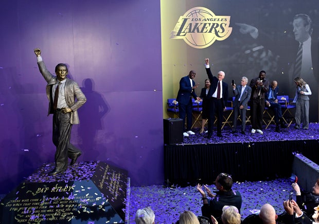 Former Lakers coach Pat Riley statue unveiling in Star Plaza in front of Crypto.com Arena in Los Angeles.